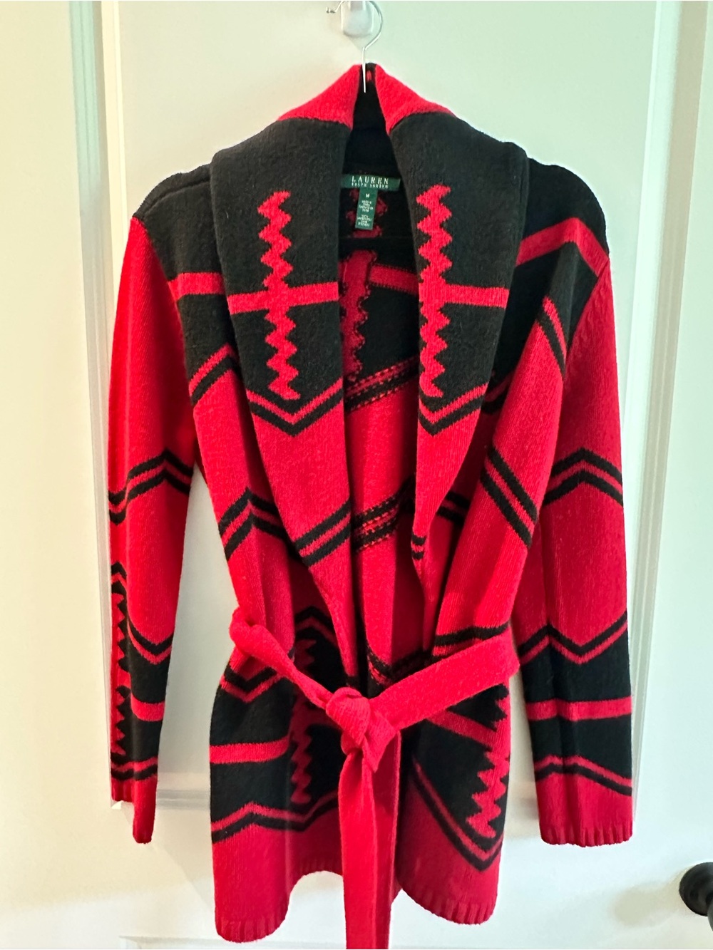 Lauren Ralph Lauren Red and Black Geometric Shawl Collar Belted Cardigan